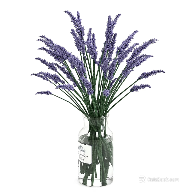 Decorative Ornament Set With Purple Lavender Bouquet In Transparent Glass Vase 3d model 