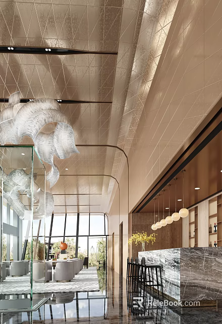 Modern Hotel Public Lounge Interior Design With Elegant Chandeliers Large Windows And Green Plants 3d model 