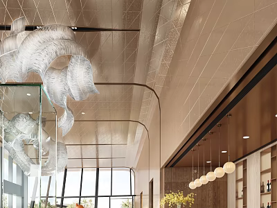 Modern Hotel Public Lounge Interior Design With Elegant Chandeliers Large Windows And Green Plants 3d model