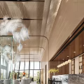 Modern Hotel Public Lounge Interior Design With Elegant Chandeliers Large Windows And Green Plants