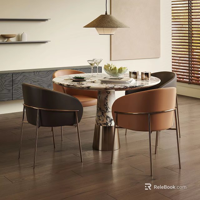 Modern Dining Table Set Marble Top Metal Base with Four Dark and Light Brown Chairs 3d model 