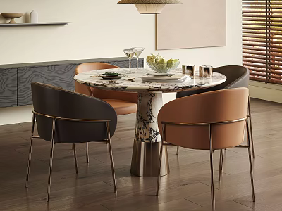 Modern Dining Table Set Marble Top Metal Base with Four Dark and Light Brown Chairs 3d model