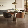 Modern Dining Table Set Marble Top Metal Base with Four Dark and Light Brown Chairs