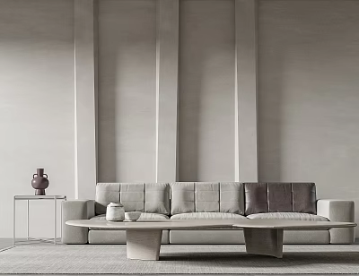 Elegant Modern Three Seater Sofa In Beige Gray With Soft Cushions And Coffee Table 3d model