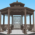 Traditional Chinese Octagonal Wooden Pavilion With Double Roof Carved Windows And Benches