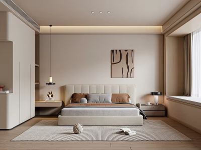 Modern Bedroom Interior With Bed Pillows Nightstands Table Lamps Striped Rug And Abstract Painting 3d model