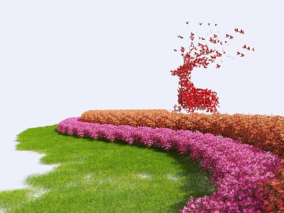 Colorful Garden Bushes With Pink Orange Hues And Red Deer Shaped Decoration On Green Lawn 3d model