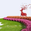 Colorful Garden Bushes With Pink Orange Hues And Red Deer Shaped Decoration On Green Lawn
