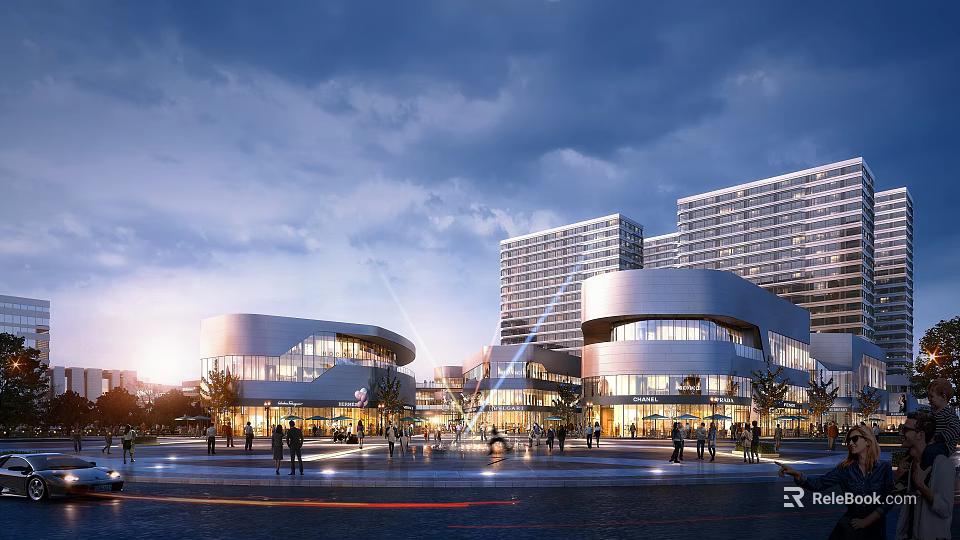 Modern Commercial Street With Glass Buildings Bright Lighting Pedestrians Open Plaza And Twilight Sky View 3d model