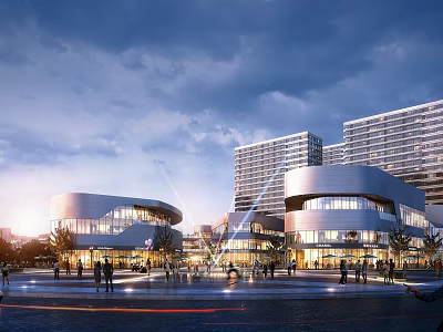 Modern Commercial Street With Glass Buildings Bright Lighting Pedestrians Open Plaza And Twilight Sky View 3d model