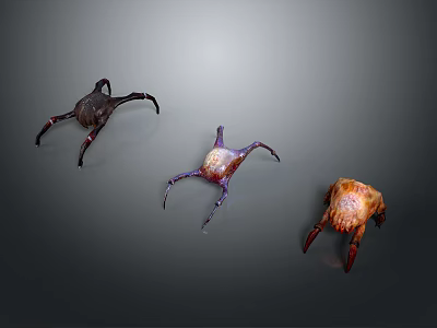 Three Colorful Spider Like Creatures With Black Purple Orange Hues And Glowing Bodies 3d model