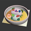 Panda Shaped Food in Yellow Broth Soup with Egg and Green Garnish