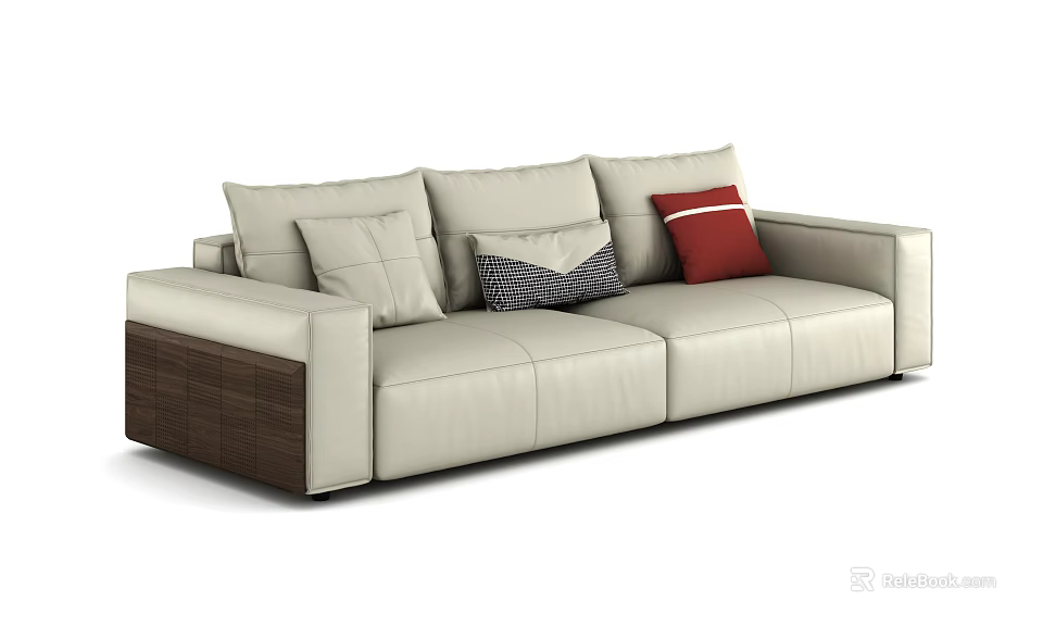 Modern Beige Leather Sectional Sofa With Decorative Pillows And Wooden Base 3d model 