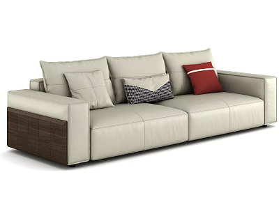 Modern Beige Leather Sectional Sofa With Decorative Pillows And Wooden Base 3d model