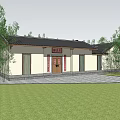 Traditional Homestay Building With Black Tile Roof Surrounding Trees Stone Path And Courtyard