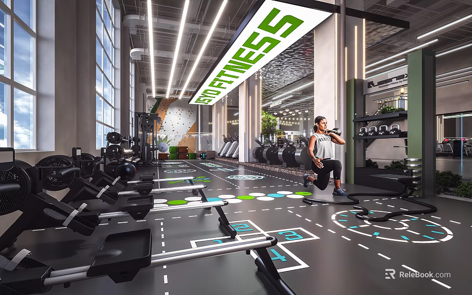 Bright Modern Fitness Gym With Rowing Machines Person Running And Training Markings 3d model 