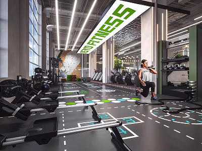 Bright Modern Fitness Gym With Rowing Machines Person Running And Training Markings 3d model