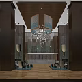 Elegant Luxury Hotel Lobby With Grand Chandelier Bronze Columns And Reception Area
