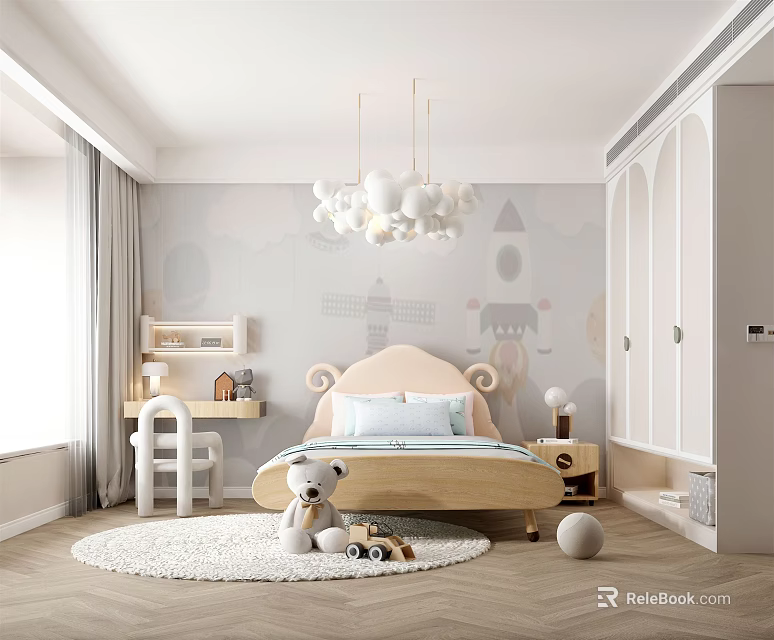 Cozy Kids Room With Cloud Chandelier Rocket Robot Wall Kids Bed Rug And Stuffed Toy 3d model 