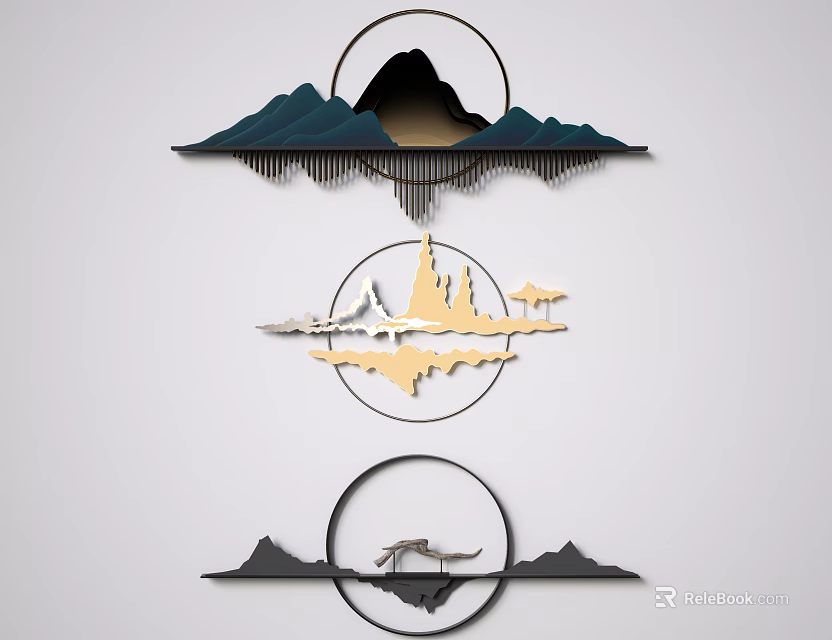 Modern Black Gold Wall Decor With Circular Frames And Layered Mountain Scenery 3d model