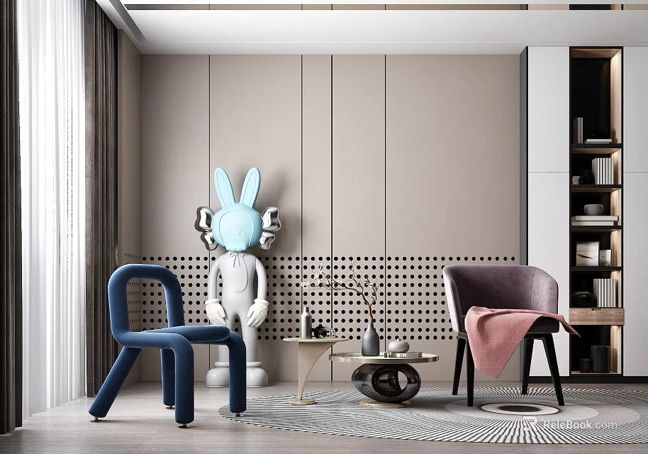 Leisure Sofa Set With Blue Purple Chairs Rabbit Sculpture Beige Wall Coffee Table And Rug 3d model 