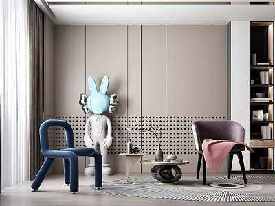 Leisure Sofa Set With Blue Purple Chairs Rabbit Sculpture Beige Wall Coffee Table And Rug 3d model