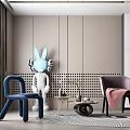 Leisure Sofa Set With Blue Purple Chairs Rabbit Sculpture Beige Wall Coffee Table And Rug