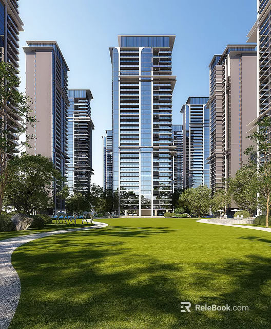 Modern High Rise Residential Buildings With Landscaped Green Lawn And Trees 3d model 