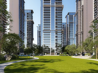 Modern High Rise Residential Buildings With Landscaped Green Lawn And Trees 3d model