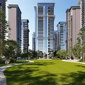 Modern High Rise Residential Buildings With Landscaped Green Lawn And Trees