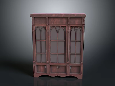 Vintage Dark Red Wooden Bookcase With Glass Doors And Bottom Drawers 3d model