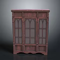 Vintage Dark Red Wooden Bookcase With Glass Doors And Bottom Drawers