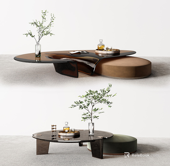 Modern Coffee Table With Black Top Brown Base Green Plant And Tray Decor 3d model 
