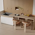 Wooden Dining Table Set in Kitchen with Wooden Cabinets Light Flooring Fresh Fruits and Plant