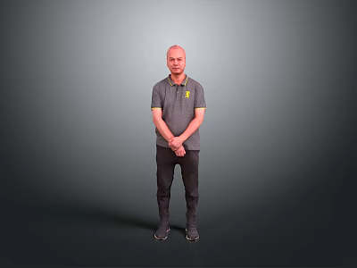 Man Standing in Gray Polo Shirt with Yellow Logo and Hands Crossed on Gray Background 3d model