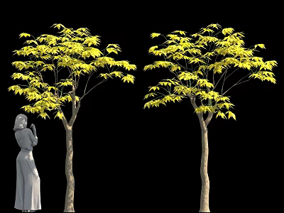 Two Yellow Leaf Trees With Female Statue Against Black Background 3d model