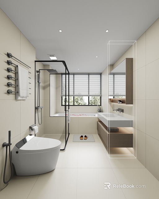 Modern Minimalist Bathroom Interior Design With Bathtub Shower Vanity And Mirror 3d model 
