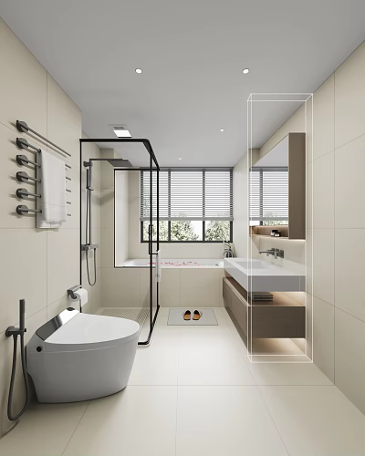 Modern Minimalist Bathroom Interior Design With Bathtub Shower Vanity And Mirror 3d model