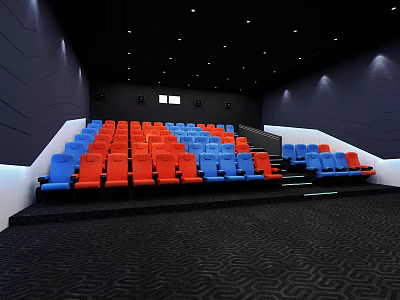 Modern Cinema Interior Design With Blue And Red Seats And Black Carpet 3d model