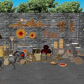Traditional Garden Landscape with Brick Wall Wooden Carvings and Farm Tools