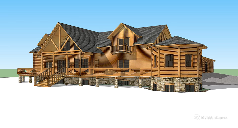 Traditional Log Cabin Exterior With Gabled Roof Wooden Siding Stone Foundation And Balcony 3d model 