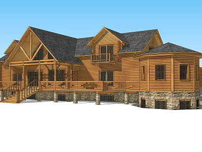 Traditional Log Cabin Exterior With Gabled Roof Wooden Siding Stone Foundation And Balcony 3d model