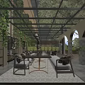 Garden Landscape Featuring Glass Roofed Corridor Greenery Covered Walls Arched Columns And Outdoor Seating