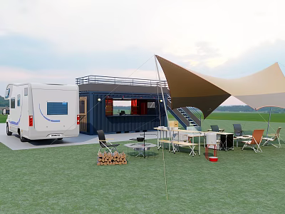 Container Building With Terrace Stairs RV Outdoor Furniture And Canopy On Grassland 3d model