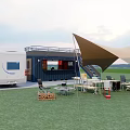 Container Building With Terrace Stairs RV Outdoor Furniture And Canopy On Grassland