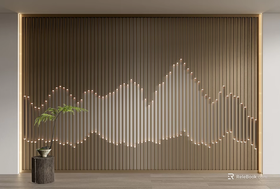 Elegant Luxury Background Wall With Vertical Slats And Illuminated Wave Pattern Plus Potted Plant 3d model 
