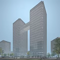 Modern Twin High Rise Office Buildings With Glass Curtain Walls And Connecting Skybridge