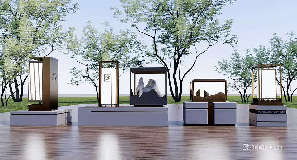 Modern Framed Outdoor Lights With Stone Mountain Design And Green Trees 3d model