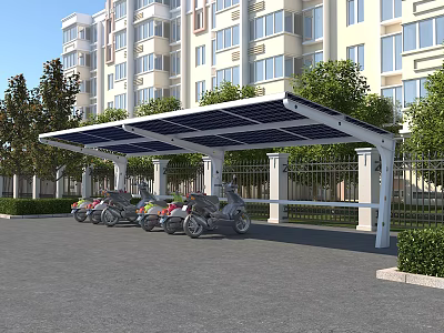 Solar Panel Canopy Covering Motorcycle Parking Near Residential Building with Trees 3d model
