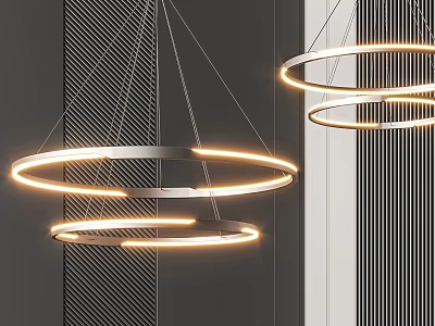 Modern Minimalist Ring Pendant Light With Glowing Metal Frame And Striped Gray Background 3d model